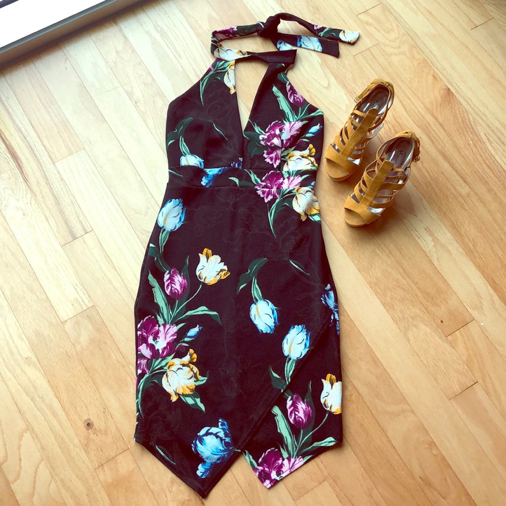 Floral Halter Dress with Asymmetrical Skirt